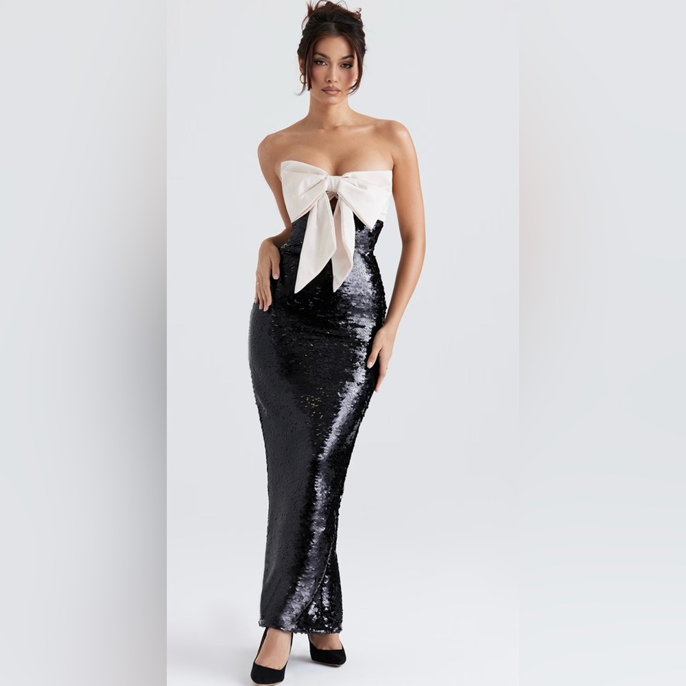 House of CB Black & White Holly Sequin Strapless Maxi Bow Dress (Size Small) - Picture 3 of 12
